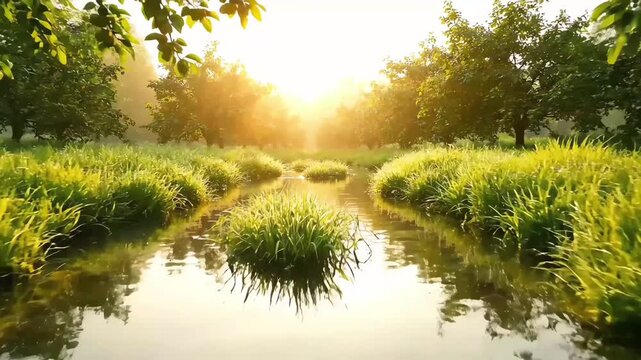 A tranquil river winds through a sun-drenched green orchard at dawn, with warm golden light filtering through the trees creating a peaceful scene