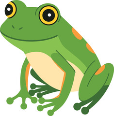 Cartoon illustration of a green frog with yellow eyes and orange spots Keywords: frog, amphibian, animal, creature, wildlife