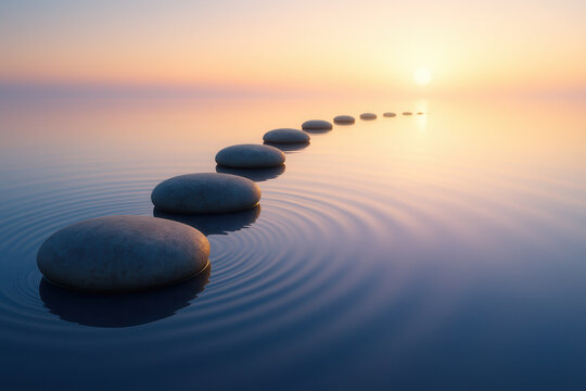 Zen stepping stones on calm sunset water with gentle ripples, warm light, and serene balance.