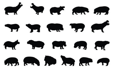 Hippopotamus silhouette set. For design.