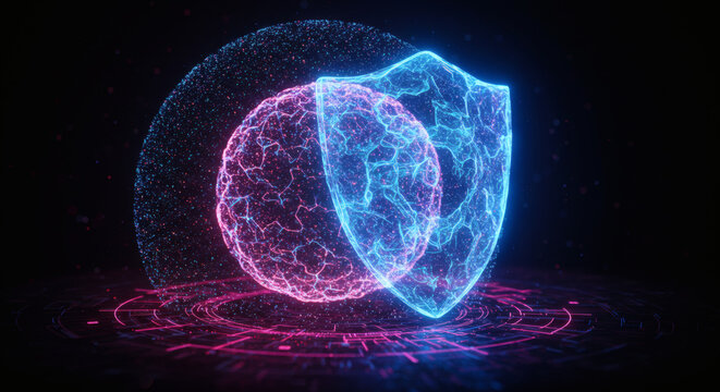 Cybernetic shield safeguarding abstract data sphere, a futuristic concept of digital security, information protection, and advanced technological defense