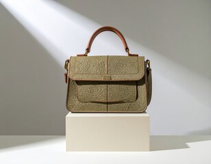 Elegant Textured Olive Handbag with Brown Handle Displayed on a Pedestal Under a Dramatic Diagonal Light.