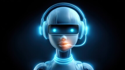 Futuristic Female AI Virtual Assistant with Headset and Glowing Neon Hologram.