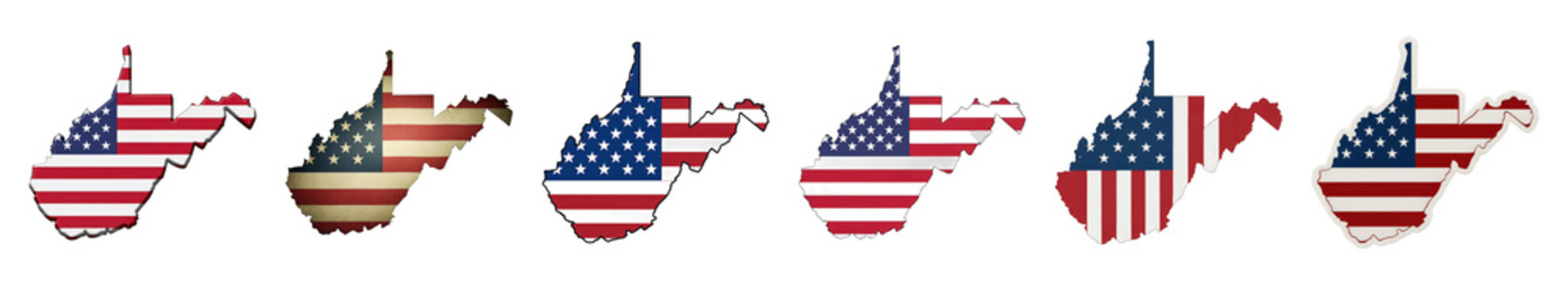 West Virginia map set including American flag, vintage, distressed, and outlined designs isolated. Patriotic state pride collection.
