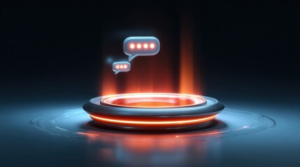 3D Futuristic Chatbot Holographic Platform with Glowing Speech Bubbles for AI Digital Communication.