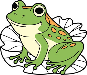 Cute cartoon green frog sitting on a lily pad with orange spots amphibian