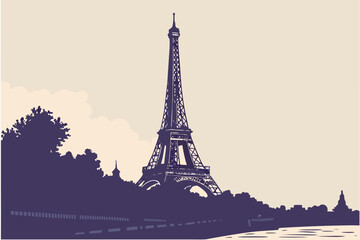 Eiffel tower silhouette against a pale sky with trees