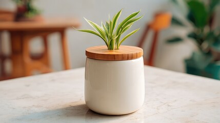 White Ceramic Jar with Wooden Lid and Green Plant on White Table