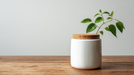 White Ceramic Jar with Wooden Lid and Green Plant on White Table