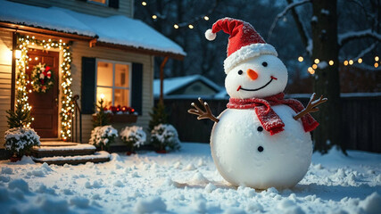 Snowman with santa hat and red scarf standing outside decorated home on snowy christmas night