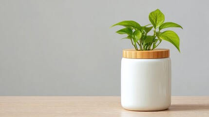 White Ceramic Jar with Wooden Lid and Green Plant on White Table