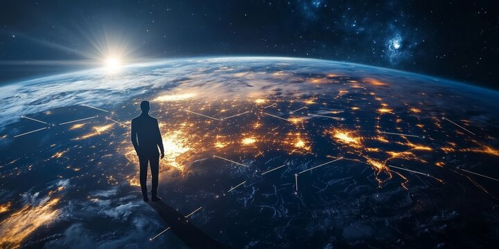 Silhouette of Person Exploring Digital Network at Sunrise, Symbolizing Global Technology Links
