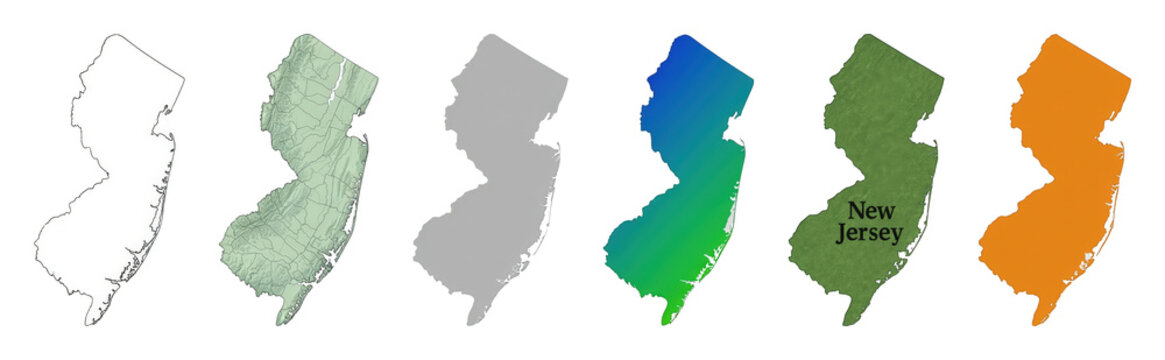 New Jersey map set including outline, topographic, solid, gradient, textured, and orange variations isolated. USA state geography collection.