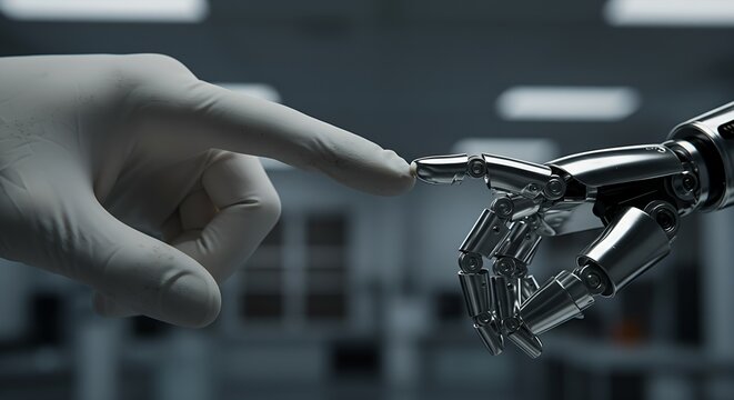 Human and Robot Hand Touching, Artificial Intelligence Concept - Powered by Adobe