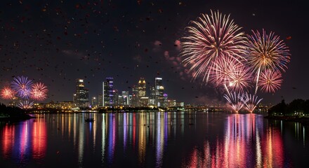 Fototapeta premium Spectacular Fireworks Exploding Over Modern City Skyline Reflected in Water at Night