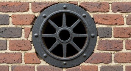 Closeup of a round, dark metal ventilation grate set into a red brick wall