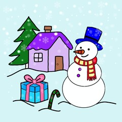 Festive Winter Scene with Snowman, Christmas Tree, Gift Box, and Snowflakes