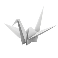 Simple Origami Crane: A minimalist and clean 3D render of a white paper origami crane, with sharp folds and creases, floating on a white background