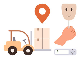 Forklift loading boxes, location pin, hand holding a mask, and search bar questioning identity. Ideal for delivery, logistics, identity, anonymity location search privacy themes. Simple flat