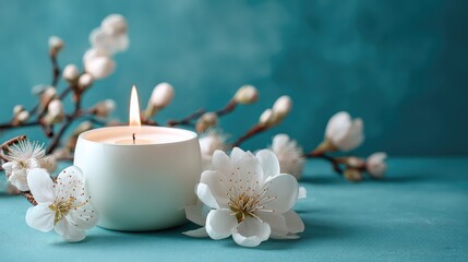 White Scented Candle Burning with White Flower and Branch on Teal Background