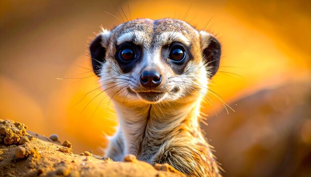 A close-up portrait of a meerkat, showcasing its inquisitive expression against a warm, golden backdrop. - Powered by Adobe