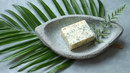 White Speckled Soap Bar on Grey Stone Dish with Palm Leaves