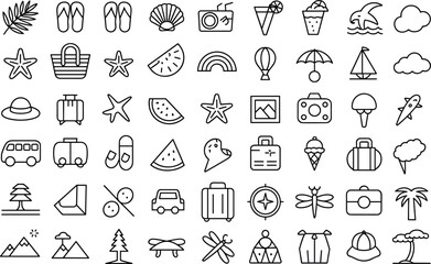 Fototapeta premium Summer vacation and travel icons in a grid format Keywords: summer, vacation, travel, holiday, beach, icons, symbols, graphic
