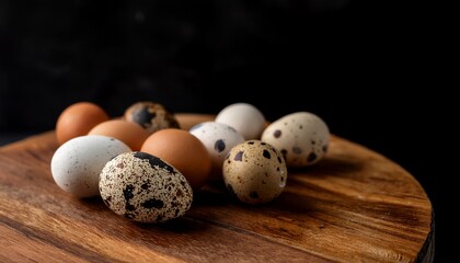 Obraz premium Close Up Of Speckled Eggs Placed On A Circular Wooden Board Against A Dark Background Highlighting Food And Nature Elements