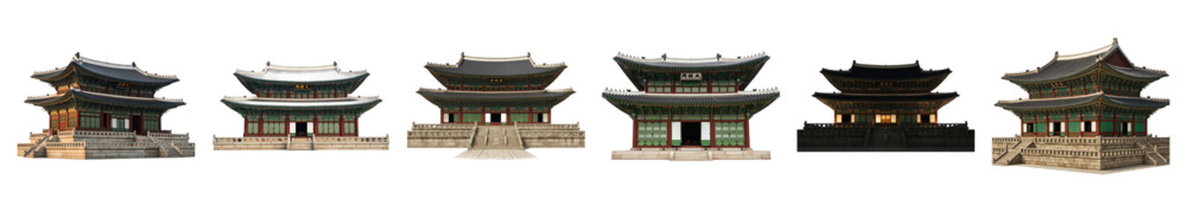 Obraz premium Korean palace building set including various perspectives and lighting isolated. Traditional architecture collection.