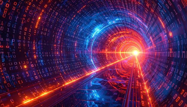 Digital tunnel, binary code, vibrant colors
