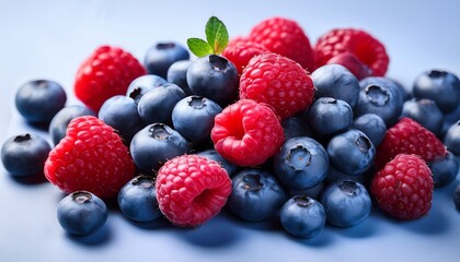 Close Up Of A Mix Of Blueberries And Raspberries The Berries Appear Fresh With The Blueberries Having A Deep Blue Color And A Slight Sheen