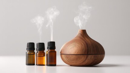 Wooden Diffuser with Essential Oil Bottles and Vapor on White Background