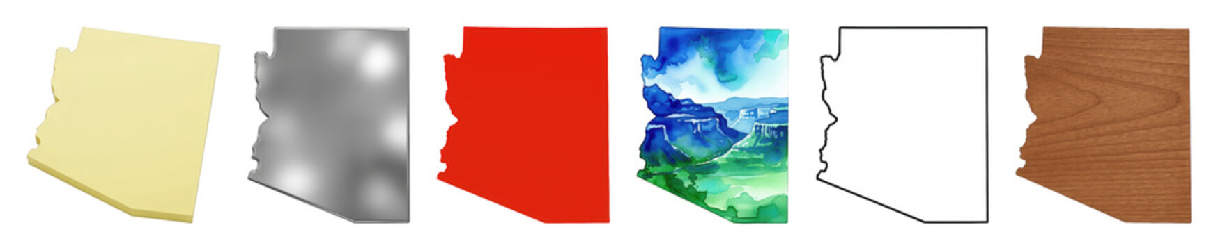 Arizona state map outline set including yellow 3D, metallic, red, watercolor, white, and wood textures isolated. Geographic representation for design.
