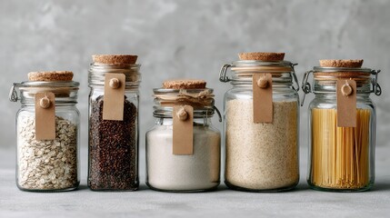 Zero Waste Pantry Starter Kit: Glass Jars with Brown Labels on Light Grey Background