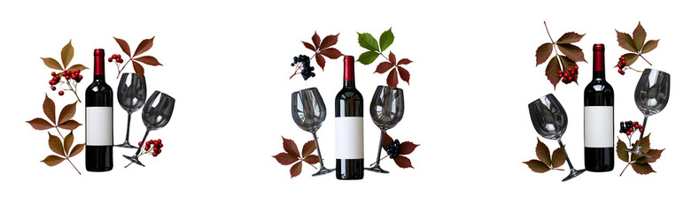 A red wine bottle with a blank label, two wine glasses, leaves and berries on a transparent background