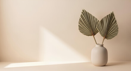 Minimalist home decor with dried palm leaves in a ceramic vase against soft beige background and sunlight