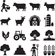Farm Silhouettes With Farmer Tractor Barn And Animals Keywords: farm, agriculture, farmer, tractor