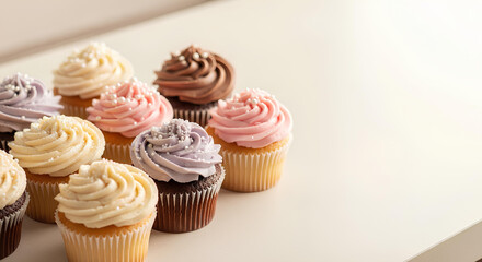 Colorful cupcakes with whipped cream frosting and sprinkles in pastel tones, sweet dessert arrangement on light background