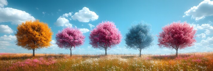 Obraz premium A row of five uniquely colored trees stands in a field of wildflowers under a bright blue sky