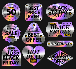 Set of holographic original Black Friday stickers, holographic labels with metallic texture