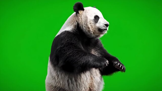 A black and white furry giant panda bear, a cute and wild animal native to China, eats bamboo