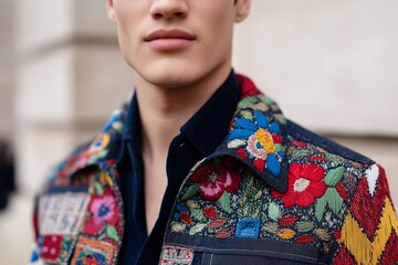 Obraz premium Patchwork jacket with floral embroidery and geometric patterns, contemporary men’s street style fashion