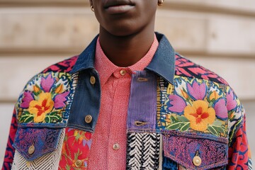 Patchwork jacket with floral embroidery and geometric patterns, contemporary men’s street style fashion