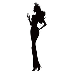 Naklejka premium A graceful silhouette of a woman dressed in an elegant evening gown stands confidently while holding a glass. Her crowned head suggests sophistication and celebration.