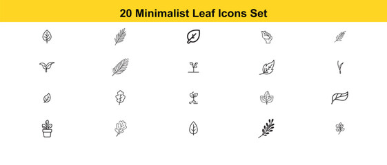 20 Minimalist Leaf Icons Set | Simple Botanical Vector Outline for Logo, Nature, Eco and Design