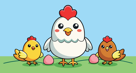 Chicken with Chicks, Cartoon Hen Family, Animated Poultry, Farmyard Scene, Cute Chicks, Mother Hen Art, Chicken Illustration, Farm Family, Cartoon Birds, Poultry Delight, Hen with Babies, Farmyard Fun