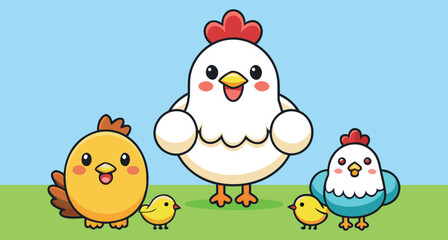 Chicken Family Portrait, Cartoon Poultry, Farmyard Family, Animated Hen, Family Art, Chicken Illustration, Egg Delight, Cartoon Birds, Family Farm, Poultry Love, Farmyard Portrait, Animated Family, Ch