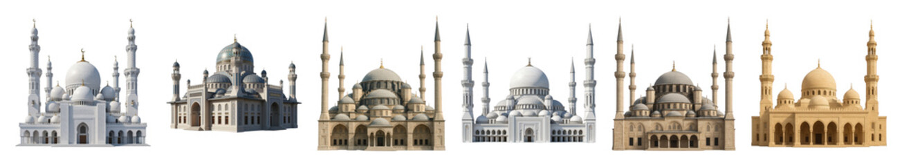 Fototapeta premium Mosque architecture set including diverse styles, domes, and minarets isolated. Islamic religious buildings collection.