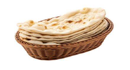 Obraz premium Warm, fluffy flatbreads piled high in a rustic woven basket, perfect for sharing and enjoying with any meal.