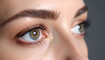 Obraz premium Close-up view of a woman's eyes, showcasing meticulously applied makeup, with a soft, natural glow.